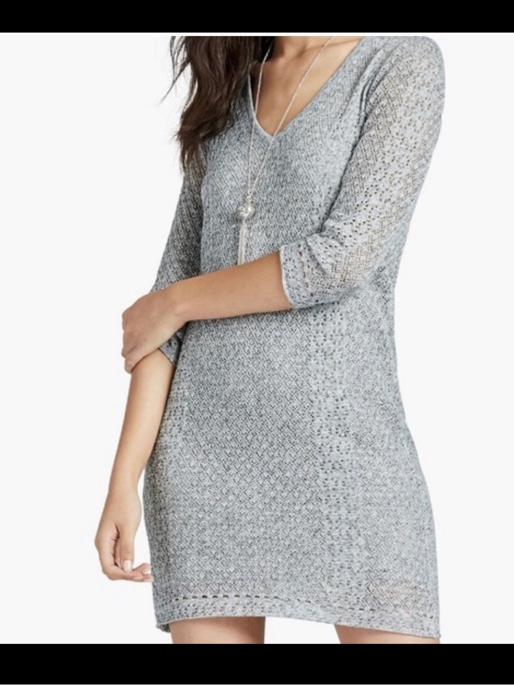 Lucky Brand Light Grey Open-Knit V-Neck Mini Dress